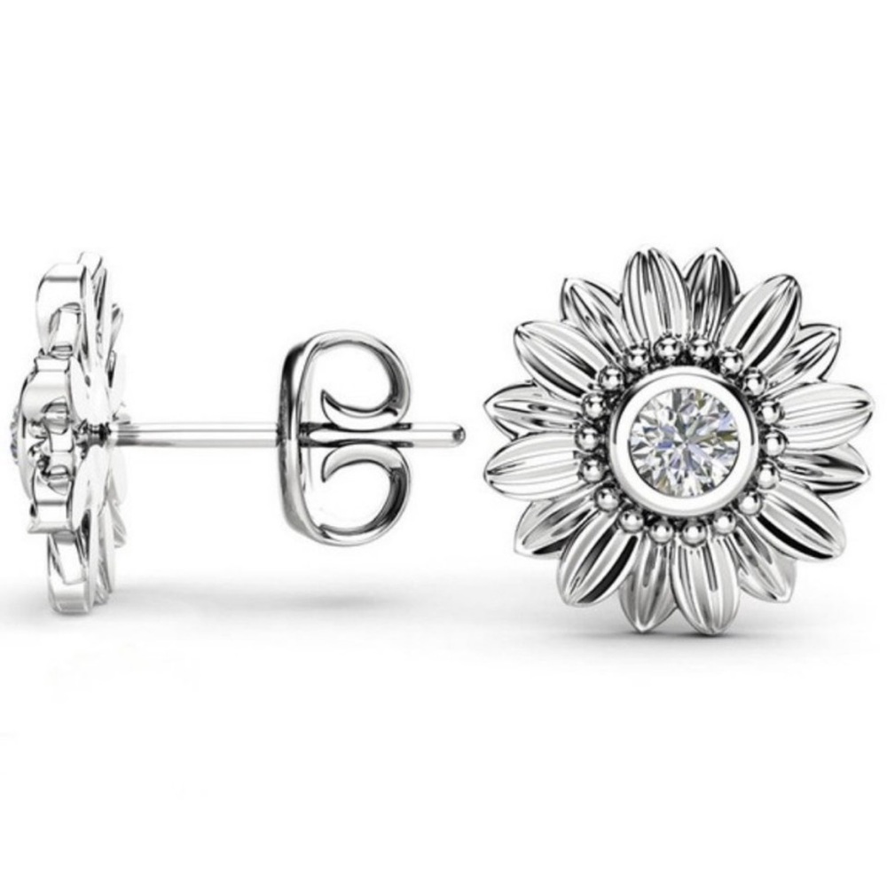 STERLING SILVER DIAMOND SUNFLOWER STUD EARRINGS, NICE EARRINGS, CUTE EARRINGS - Picture 2 of 3